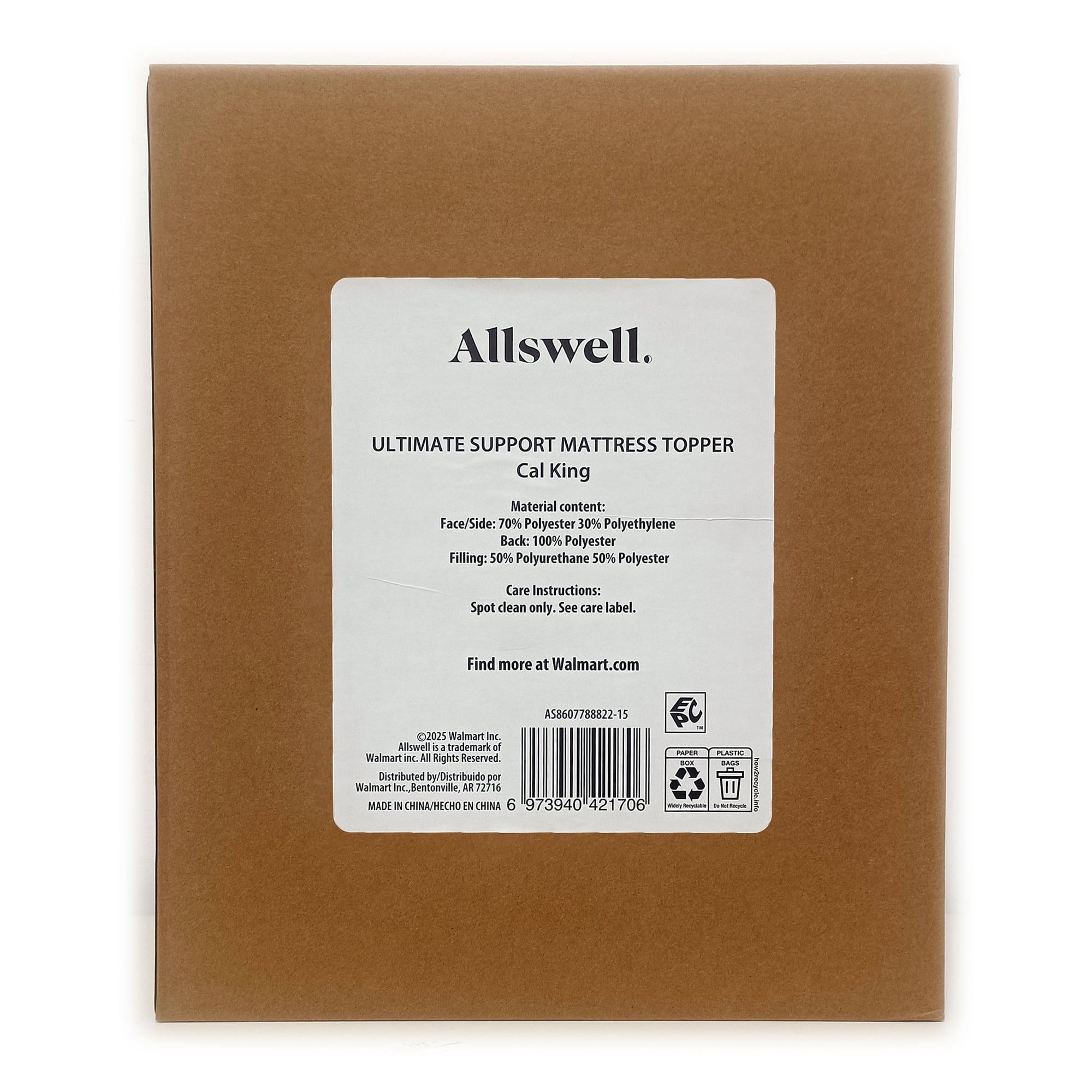 AW Ultimate Support Mattress Topper, Cal King 72 in x 84 in
