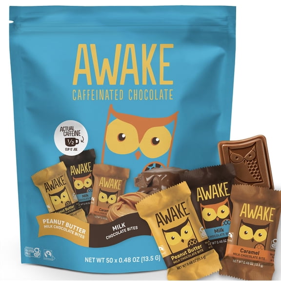 AWAKE - Caffeinated Chocolate Bites - 50mg Caffeine - Variety Pack (3 Flavors), 50 Bites - Peanut Butter, Milk, & Caramel - Energy Bites - Coffee Alternative - Fairtrade, Gluten Free, Non GMO - 0.48o
