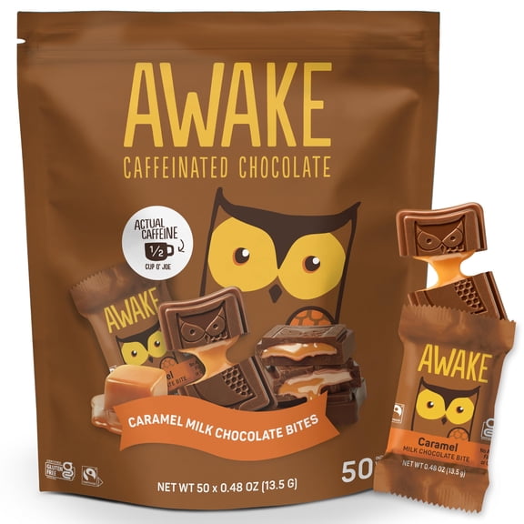 AWAKE - Caffeinated Chocolate Bites - Caramel Milk Chocolate, 50 Bites - 50mg Caffeine - Individually Wrapped Energy Bites - Coffee Alternative - Fairtrade, Gluten Free, Non GMO - 0.48oz