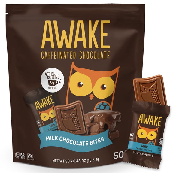 AWAKE - Caffeinated Chocolate Bites - Milk Chocolate, 50 Bites - 50mg Caffeine - Individually Wrapped Energy Bites - Coffee Alternative - Fairtrade, Gluten Free, Non GMO - 0.48oz