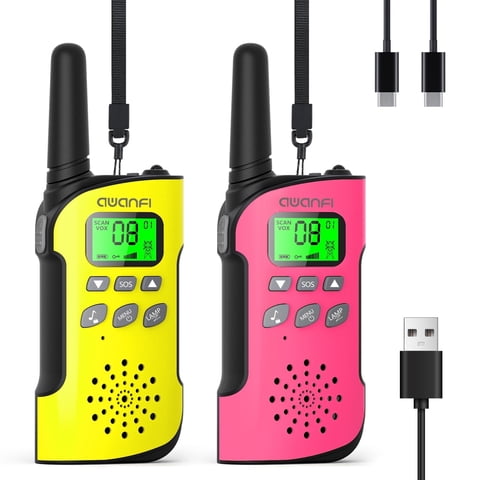 AWANFI 2 Pack Walkie Talkies for Kids Long Range 22 FRS Channels 2 Way Radio, LED Flashlight Rechargeable Walkie Talkie Toys for 3-12 Year Old Boys Girls(Yellow, Pink)