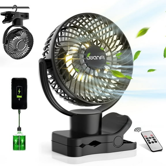 AWANFI Battery Operated Portable Fan, Clip-on Fan with Remote and Lights, 360° Oscillating Camping Fan, 10000mAh Rechargeable Desk Fan for Home Office Car Travel