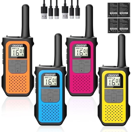 AWANFI Walkie Talkies Rechargeable 4 Pack, Long Range Family Walkie Talkie, 22 FRS Channels, Two-Way Radios for Adults Kids Camping Hiking