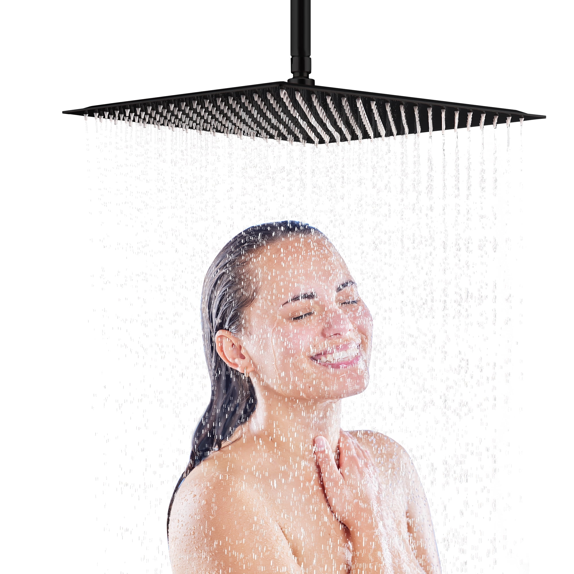 16 Inch Black Rain Shower Head, Square Ultra Thin 304 Stainless Steel ...