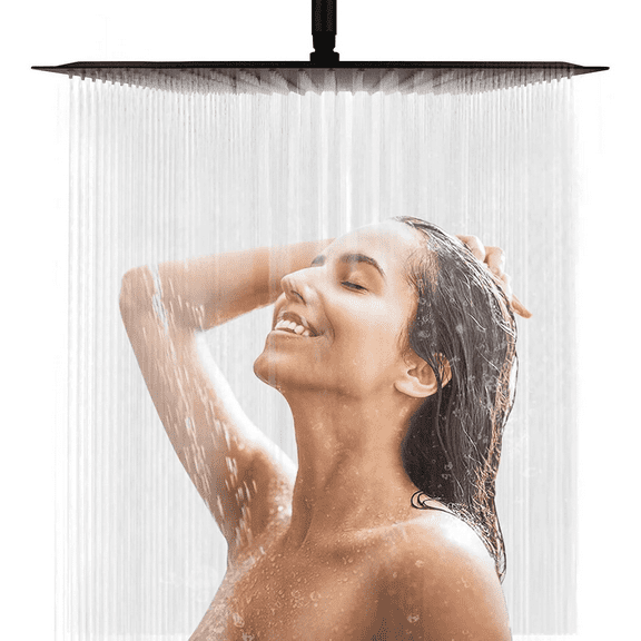 16 Inch Black Rain Shower Head, Square Ultra Thin 304 Stainless Steel High Pressure Shower Head, Large Rainfall Shower Head Full Body Coverage Modern Waterfall Shower Head