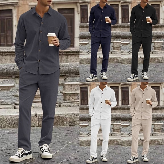 AWARDER Men's Fall Winter 2-Piece Set, Solid Color Striped Lapel Long Sleeve Shirt and Trousers, Classic Business Casual Outfit For Office and Daily Wear,Dark Gray,2XL