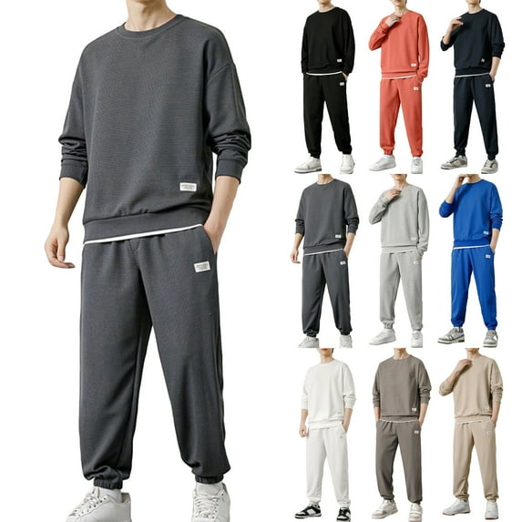 AWARDER Men's Spring Fall 2-Piece Set, Solid Color Waffle Knit Long Sleeve Round Neck Top and Sweatpants, Comfortable Casual Outfit For Lounge and Home,Blue,2XL