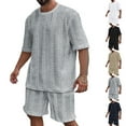 thumbnail image 1 of AWARDER Men's Summer 2-Piece Set, Knitted Solid Color Jacquard Short Sleeve T-Shirt and Casual Shorts, Breathable Lounge Outfit For Spring and Summer Season,Light Gray,3XL, 1 of 9
