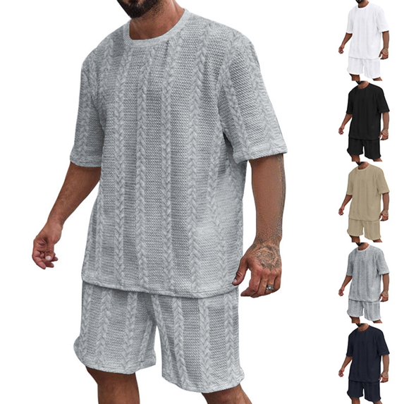 AWARDER Men's Summer 2-Piece Set, Knitted Solid Color Jacquard Short Sleeve T-Shirt and Casual Shorts, Breathable Lounge Outfit For Spring and Summer Season,Light Gray,3XL