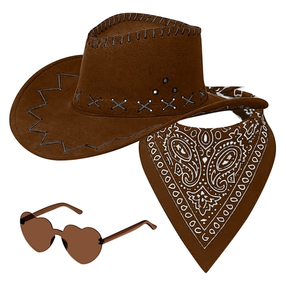 AWASD 3Pcs Cowboy Hat Bandana Sunglasses Set Same-color Series Fashion Daily Outing Travel Wear Cowboy Hat for Mne Women Western Style Classic Retro Cowboy Outfit Accessories Coffee