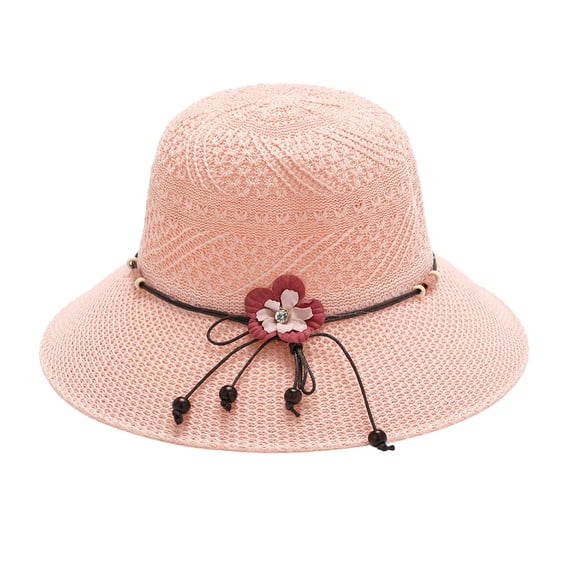 AWASD Beach Straw Hats for Women Solid Color Floral Bow Straw Sun Hat Summer Wide Brim Foldable Keep Cool Sun Hat Breathable Outing Travel Fashion Beach Hat Pink