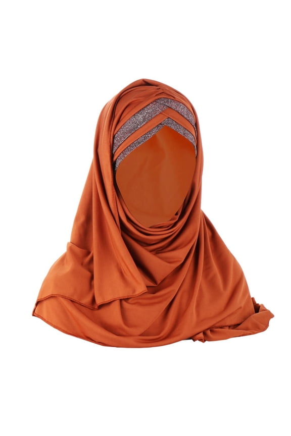 Color Block Glitter Forehead Hijab Scarf Cap for Women, Muslim Stretch Turban Head Wrap with Sparkle Rhinestone Front, Soft Breathable Headscarf for Daily Wear(Color Brown One Size)