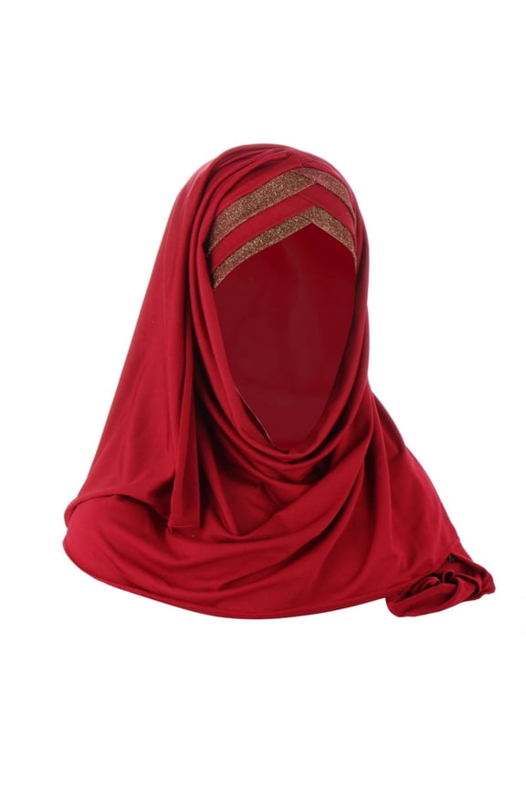 Color Block Glitter Forehead Hijab Scarf Cap for Women, Muslim Stretch Turban Head Wrap with Sparkle Rhinestone Front, Soft Breathable Headscarf for Daily Wear(Color Red One Size)