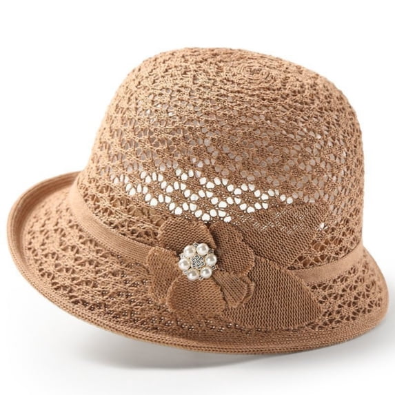 AWASD Cute Straw Hats for Women - Elegant Pearl Floral Sun Hat, Packable Outdoor Vacation Summer Fisherman Cap, UPF50+ Wide Brim Breathable Beach Sun Hat Under $5 Brown