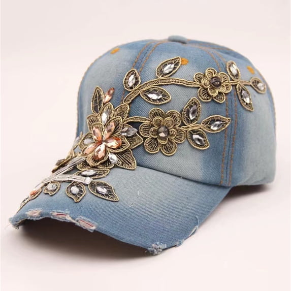AWASD Denim Baseball Cap for Men Women Handmade Rhinestone Adjustable Floral Embellished Bling Hat Premium Denim Sparkling Crystal Studded Fashion Casual Headwear Blue