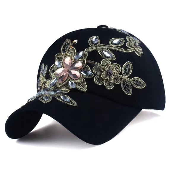 AWASD Denim Baseball Cap for Men Women Handmade Rhinestone Adjustable Floral Embellished Bling Hat Premium Denim Sparkling Crystal Studded Fashion Casual Headwear Black