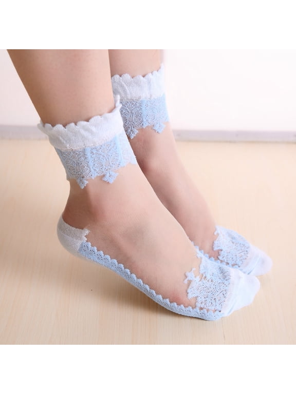 Fashion Lace Sheer Calf Socks for Women Solid Color Transparent Short Stockings Daily Wear Cooling Casual Socks Lace Trim Mid-Calf Hosiery See-Through Nylon Socks(Blue One Size)