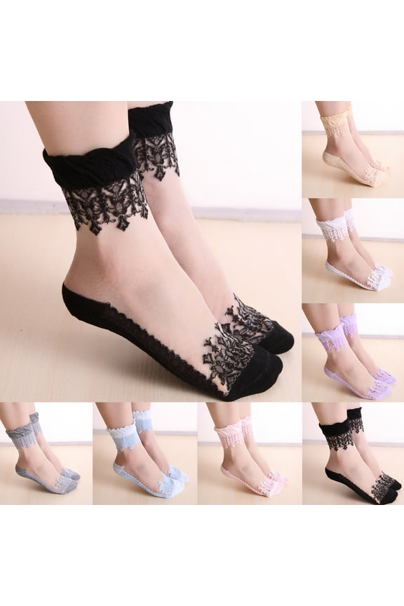 Fashion Lace Sheer Calf Socks for Women Solid Color Transparent Short Stockings Daily Wear Cooling Casual Socks Lace Trim Mid-Calf Hosiery See-Through Nylon Socks(White One Size)