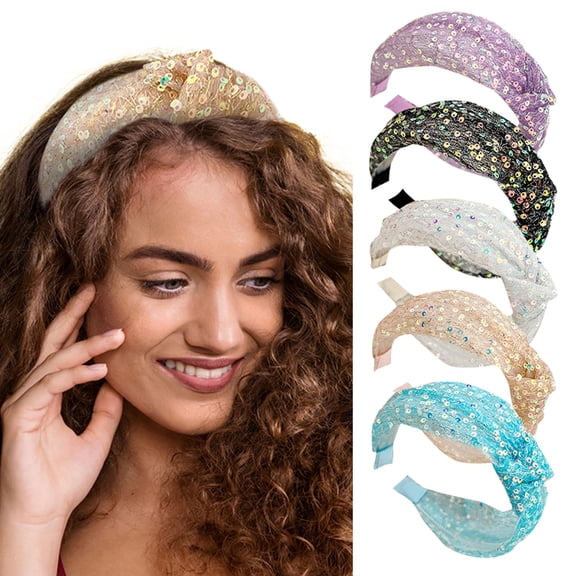 AWASD Fashion Sequin Knotted Headband for Women, High Padded Volume Top Knot Hair Hoop, Sparkly Glamorous Hair Accessories, Bar Stage Singing Dance Party Headband(Color White One Size)