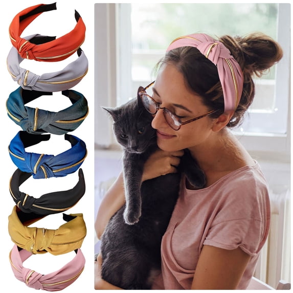 AWASD Fashion Wide Headbands for Women Gold Trim Knotted Headband Korean Style Solid Color Turban Soft Stretchy Twisted Head Band Non-slip Hair Accessories(Color Yellow One Size)