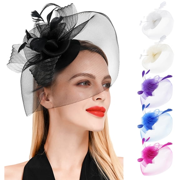 AWASD Feather Fascinators Hats for Women Tea Party, Mesh Mini Top Hat Hair Clip, Elegant Face Veil Headpiece for Women, Vintage Hair Accessory for Wedding Formal Events(Color Yellow One Size)