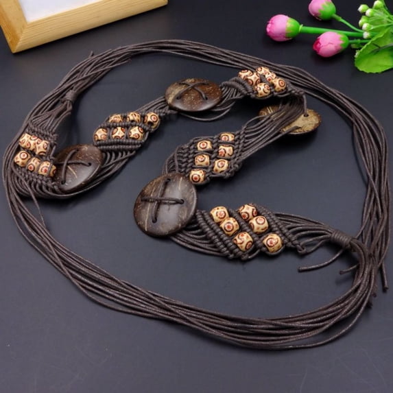 AWASD Wax Rope Hand Woven Belt for Women Bohemian Style Women's Belt Wide Waist Fashion Stretch Belt Fashionable Macrame Belt Festival Casual Beach Belt Vintage Handmade Waist Belt