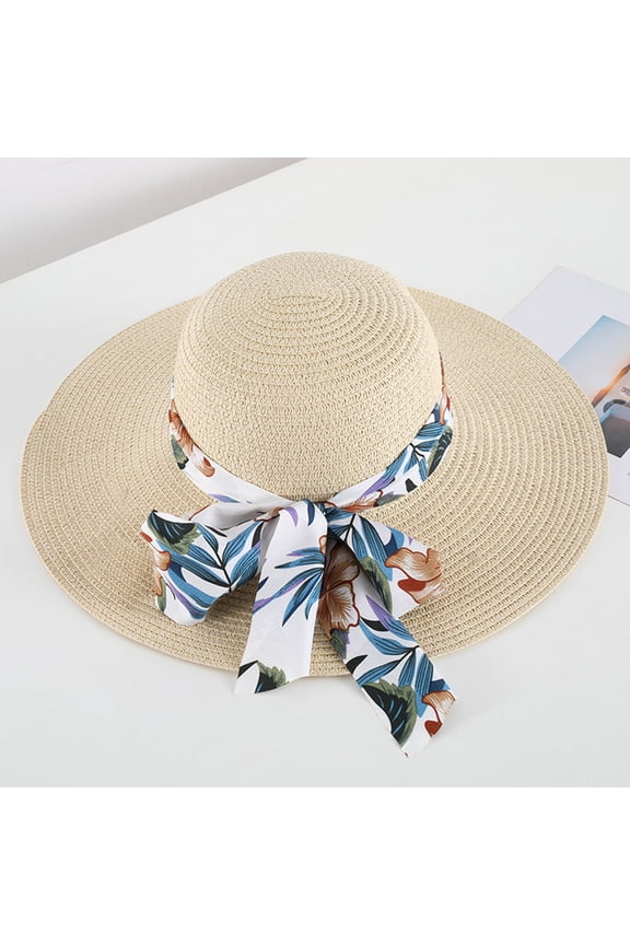 Women's Wide-Brim Straw Sun Hat Fashion Summer Classic Straw Beach Hat Adjustable Foldable Straw Hats for Women Lightweight Retro Style Travel Hat (M Color Beige)