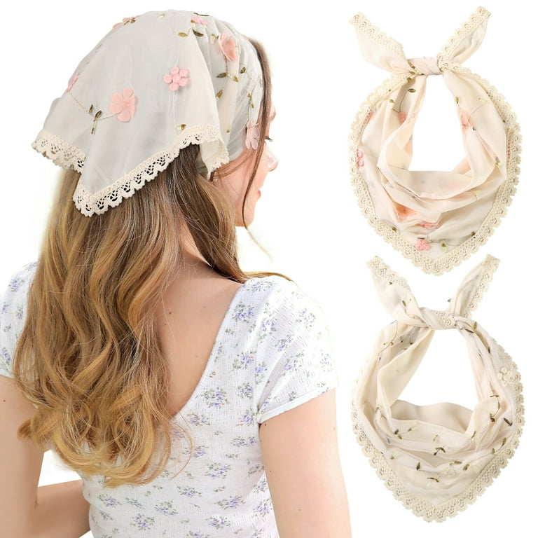 AWAYTR Floral Tie-Back Hair Bandanas, Embroidered Lightweight Mesh