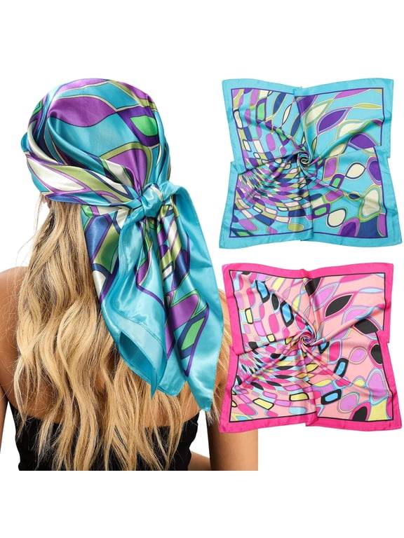 Large Square Head Women's Satin Wrap Head Scarf Set, Multicolor Silk Like Floral, 2 Pack