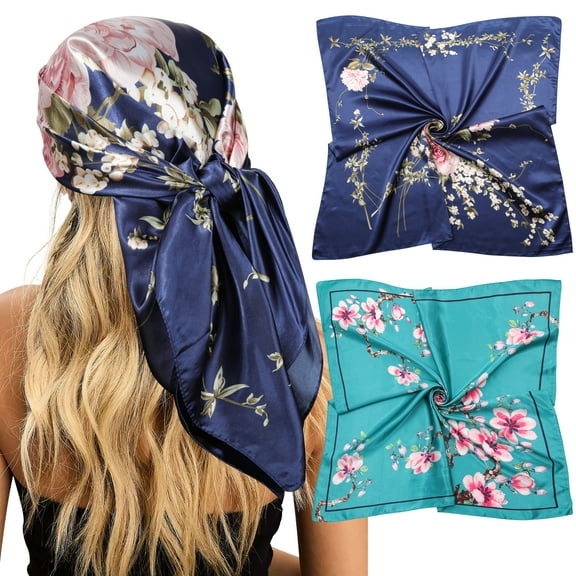 AWAYTR 35” Large Satin Square Head Scarf - 2Pcs Silk Floral Head Scarves Women Hair Scarves Hair Bandanas