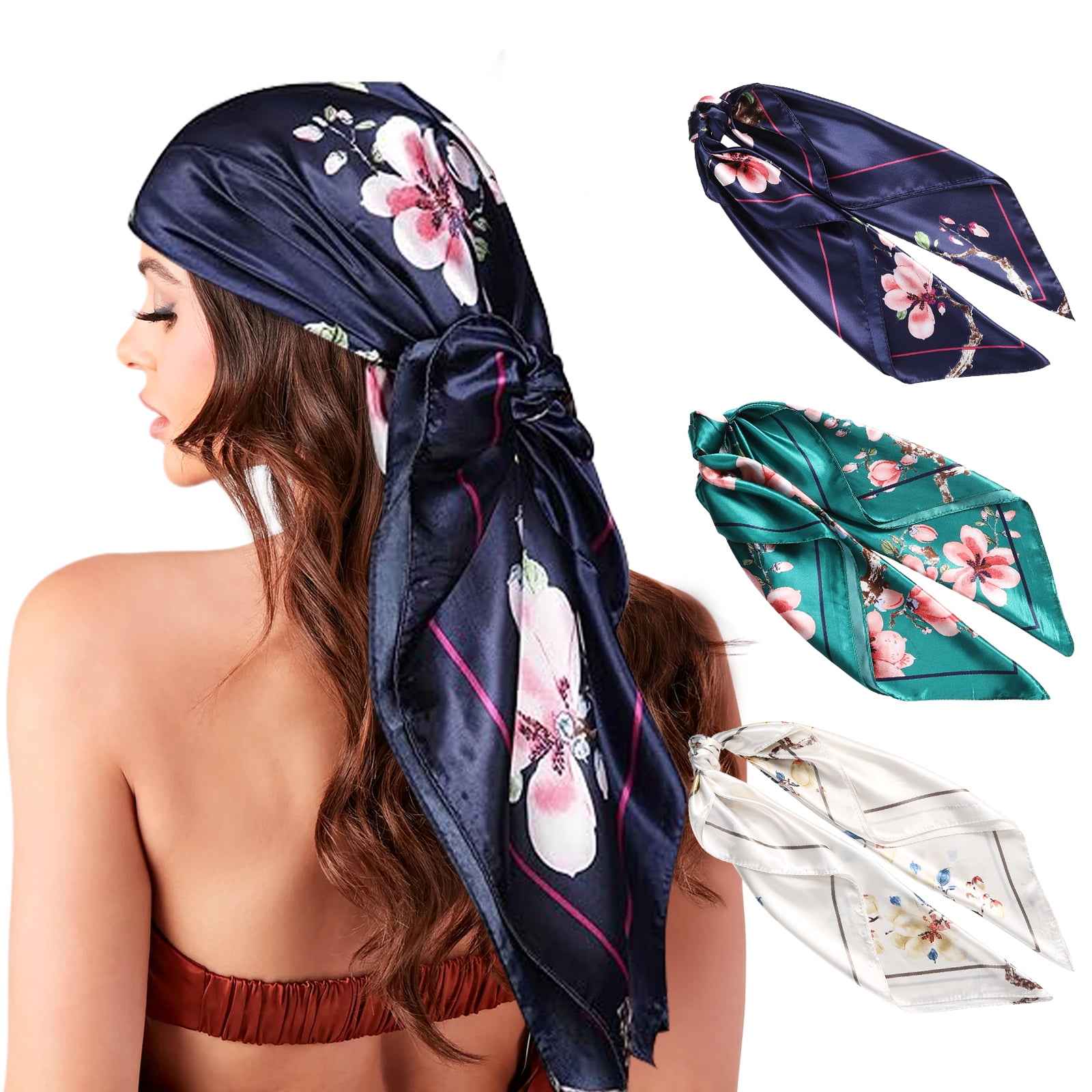 35” Large Square Satin Head Scarf - 3Pcs Women Satin Hair Scarves Silk Bandana Scarf Headscarf