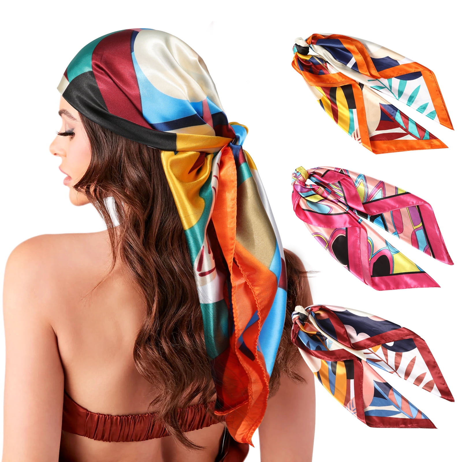 AWAYTR 35” Large Square Satin Head Scarf - 3Pcs Women Satin Hair Scarves Silk Bandana Scarf Headscarf