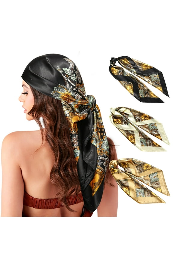 35” Large Square Satin Head Scarf - 3Pcs Women Satin Hair Scarves Silk Bandana Scarf Headscarf