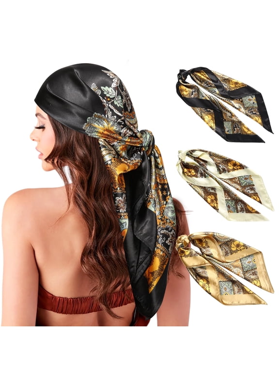 35” Large Square Satin Head Scarf - 3Pcs Women Satin Hair Scarves Silk Bandana Scarf Headscarf