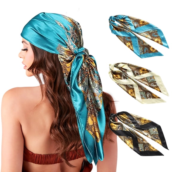 AWAYTR 35” Large Square Satin Head Scarf - 3Pcs Women Satin Hair Scarves Silk Bandana Scarf Headscarf