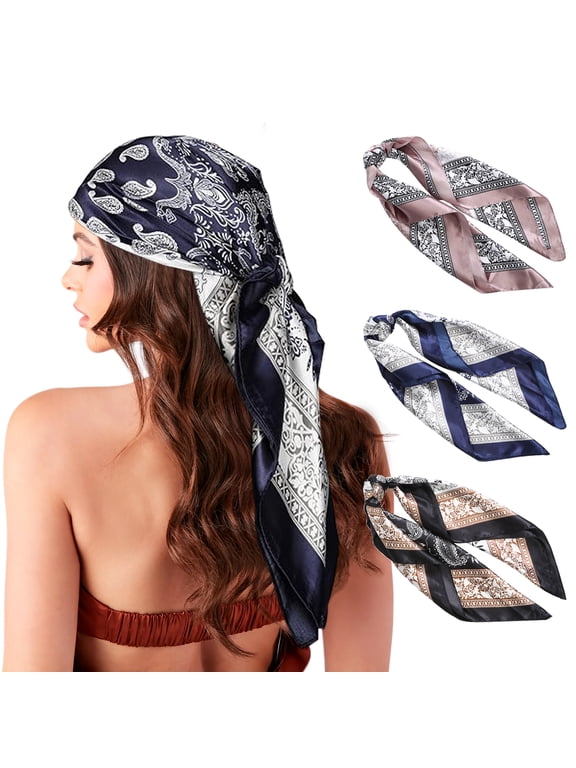 35” Large Square Satin Head Scarf - 3Pcs Women Satin Hair Scarves Silk Bandana Scarf Headscarf
