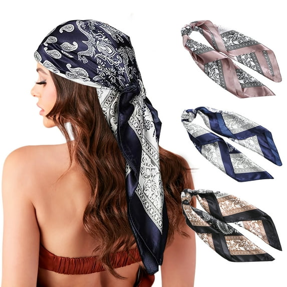 AWAYTR 35” Large Square Satin Head Scarf - 3Pcs Women Satin Hair Scarves Silk Bandana Scarf Headscarf