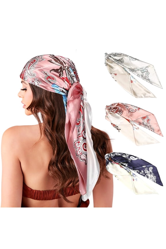 35” Large Square Satin Head Scarf - 3Pcs Women Satin Hair Scarves Silk Bandana Scarf Headscarf