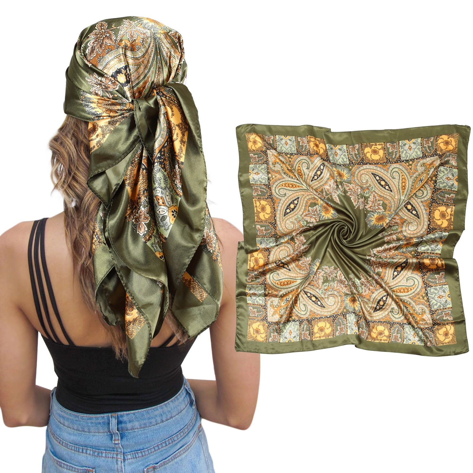 AWAYTR 35" Large Square Satin Head Scarf - Silk Hair Scarf Square Hair Bandanas Women Sleeping Head Wraps