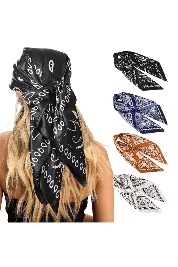 35” Satin Large Silk Head Scarf 4 Pcs Women Square Silk Like Neck Scarf Hair Sleeping Wraps Lightweight Silk Bandana