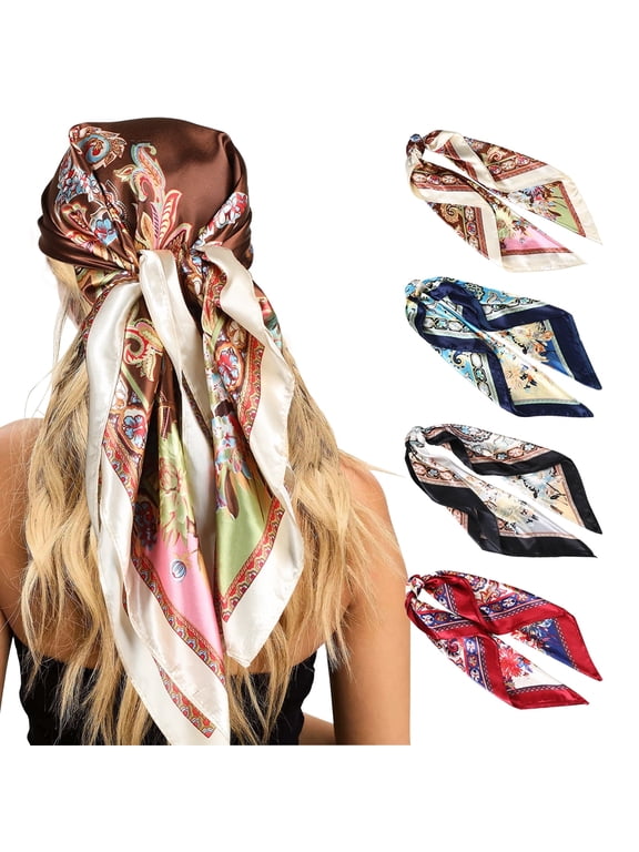 35” Satin Large Silk Head Scarf 4 Pcs Women Square Silk Like Neck Scarf Hair Sleeping Wraps Lightweight Silk Bandana