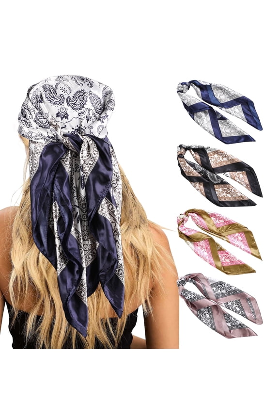 35” Satin Large Silk Head Scarf 4 Pcs Women Square Silk Like Neck Scarf Hair Sleeping Wraps Lightweight Silk Bandana