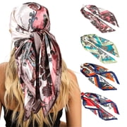 35” Satin Large Silk Head Scarf 4 Pcs Women Square Silk Like Neck Scarf Hair Sleeping Wraps Lightweight Silk Bandana