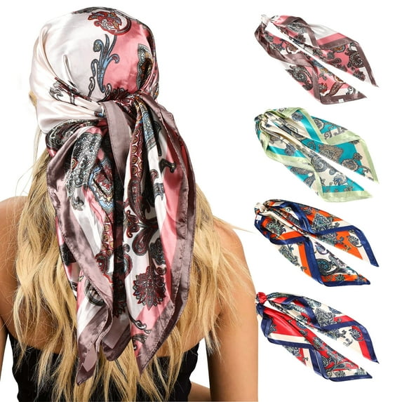 AWAYTR 35” Satin Large Silk Head Scarf 4 Pcs Women Square Silk Like Neck Scarf Hair Sleeping Wraps Lightweight Silk Bandana