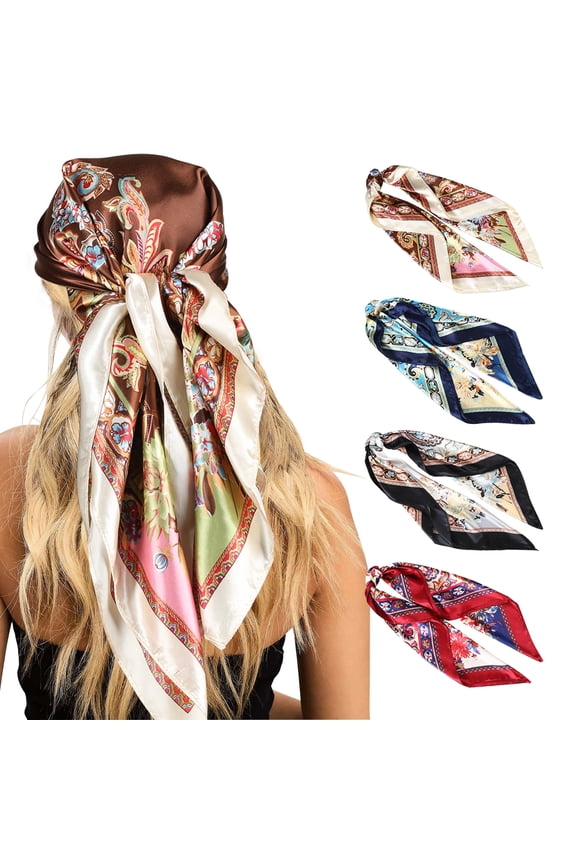 35” Satin Large Silk Head Scarf 4 Pcs Women Square Silk Like Neck Scarf Hair Sleeping Wraps Lightweight Silk Bandana