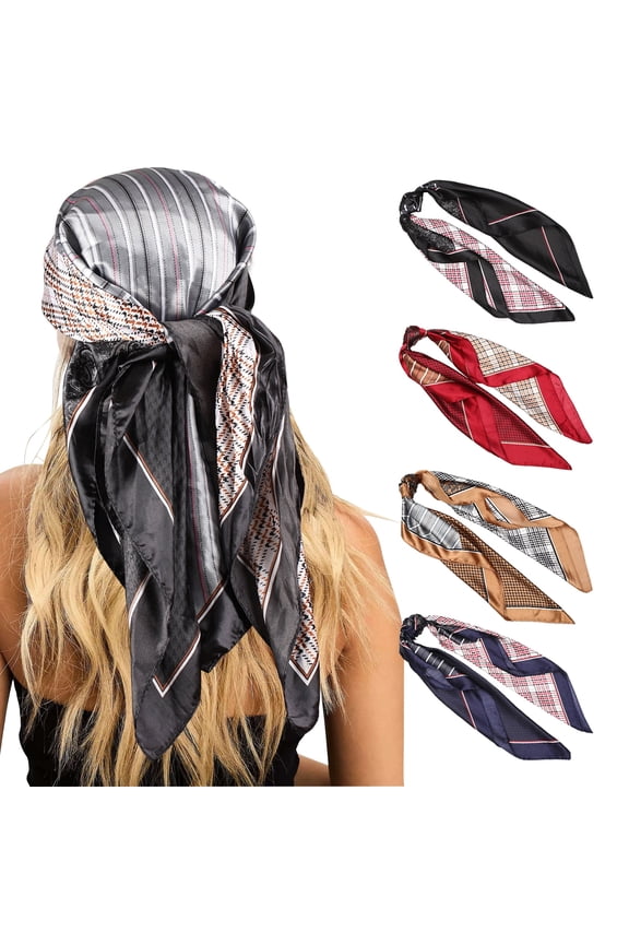 35” Satin Large Silk Head Scarf 4 Pcs Women Square Silk Like Neck Scarf Hair Sleeping Wraps Lightweight Silk Bandana