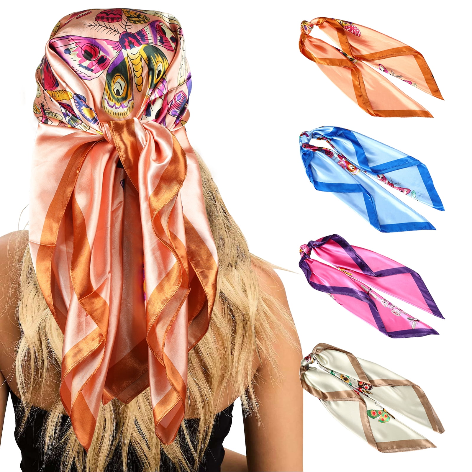 AWAYTR 35 Large Satin Square Head Scarf - 2Pcs Silk Like Floral