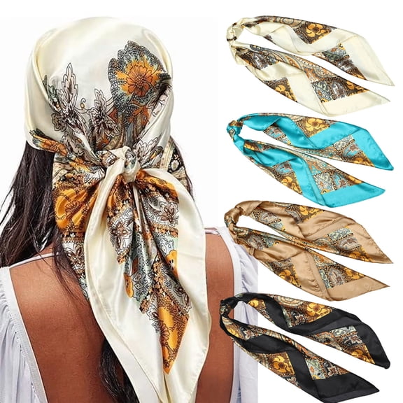 AWAYTR 35” Satin Large Square Head Scarves - 4PCS Silk Like Neck Scarf Hair Sleeping Wraps Satin Silk Scarfs for Women