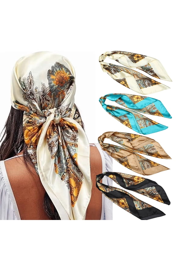 35” Satin Large Square Head Scarves - 4PCS Silk Like Neck Scarf Hair Sleeping Wraps Satin Silk Scarfs for Women