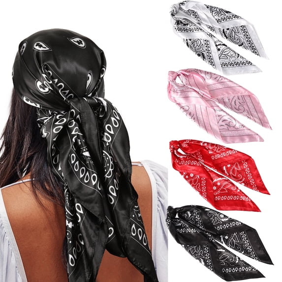 AWAYTR 35” Satin Large Square Head Scarves - 4PCS Silk Like Neck Scarf Hair Sleeping Wraps Satin Silk Scarfs for Women